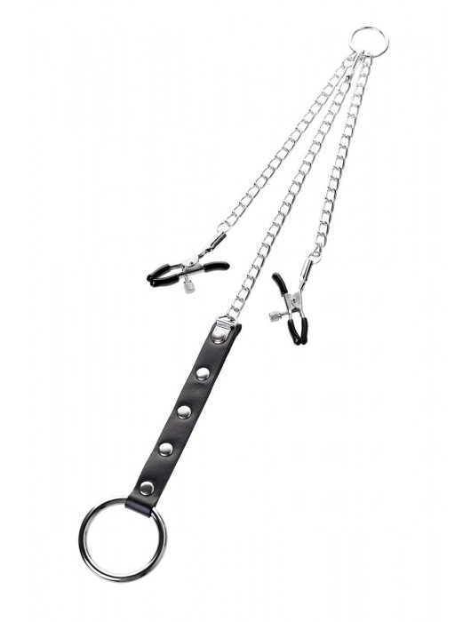 Серебристо-чёрные зажимы для сосков с кольцом для пениса TOYFA Metal - ToyFa - купить с доставкой в Нижнекамске