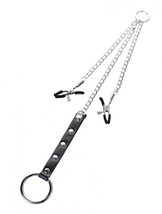 Серебристо-чёрные зажимы для сосков с кольцом для пениса TOYFA Metal - ToyFa - купить с доставкой в Нижнекамске